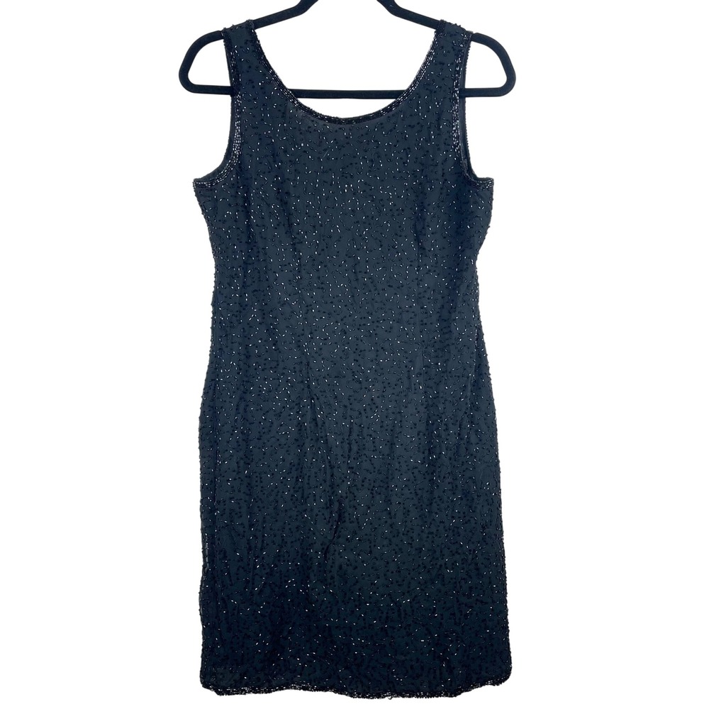 Vtg 90s Dress Sz L Beaded Shift Sleeveless Cocktail Party Mini Gala Cruise Black